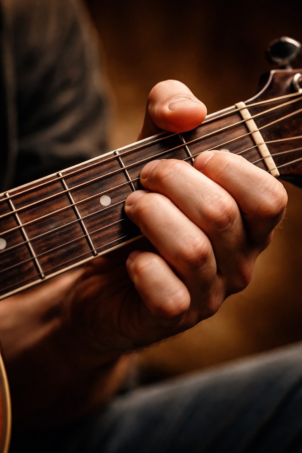 Close-up of fingers fretting a barre chord on a guitar fretboard