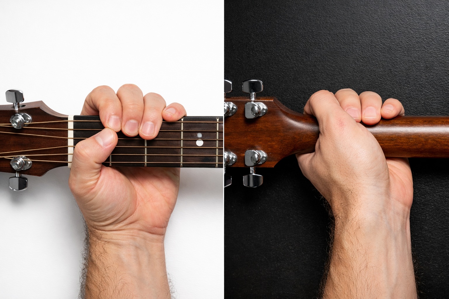 Split image showing wrong thumb position over the neck versus correct thumb position behind the neck for barre chords