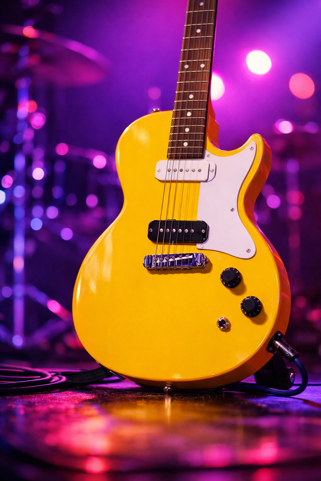 Budget Epiphone Les Paul SL electric guitar on a vibrant stage with purple and pink lighting