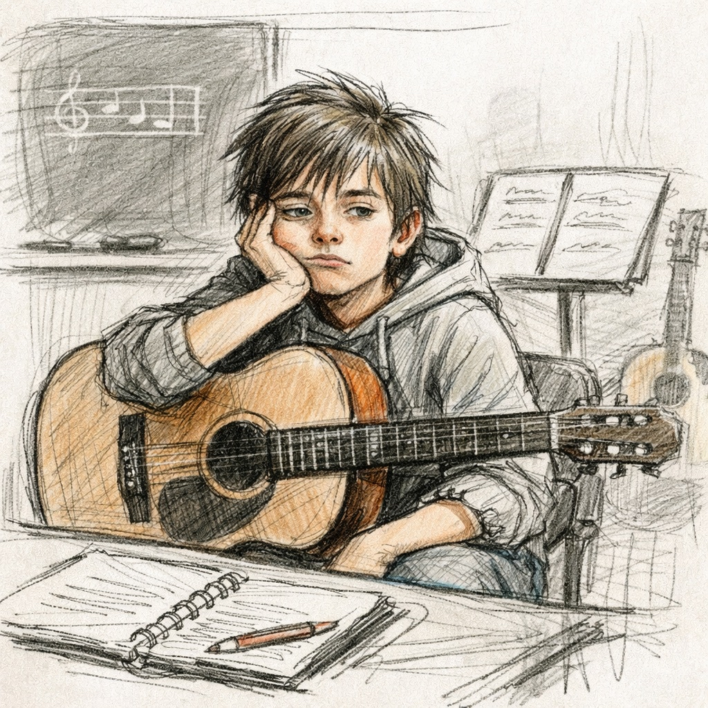 A bored kid sitting with a guitar in front of a music stand