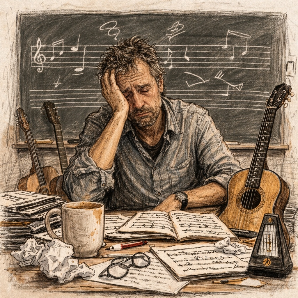 A tired guitar teacher surrounded by sheet music and a cold coffee