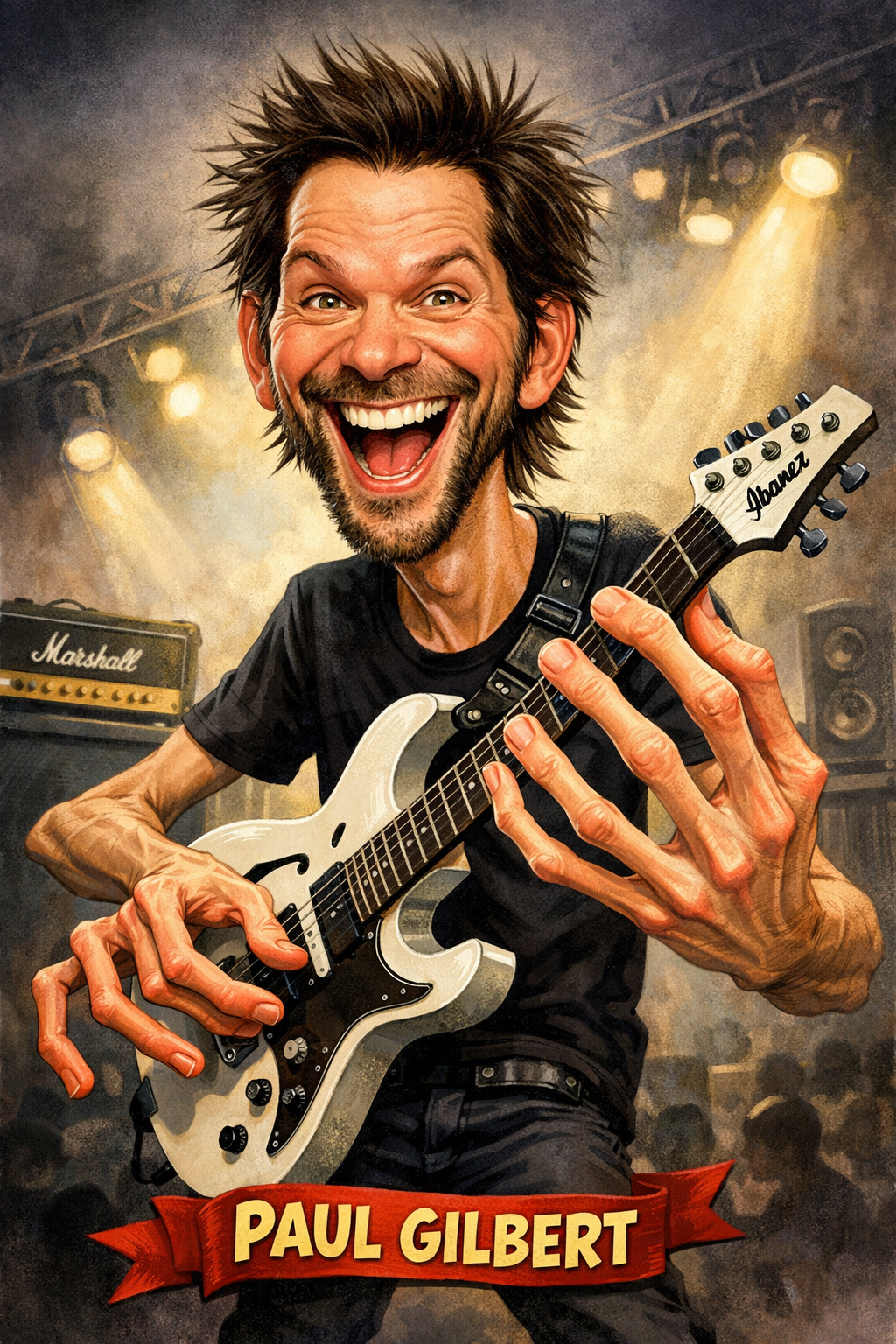Caricature illustration of Paul Gilbert playing his Ibanez guitar on stage with exaggerated fast fingers, concert lighting behind him