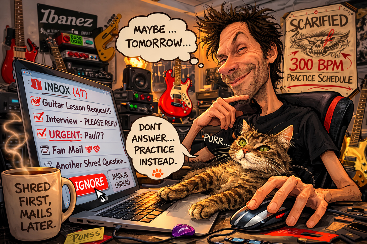 Cartoon illustration of a guitarist ignoring a full inbox of emails at a guitar-filled studio, thinking 'Maybe tomorrow...'