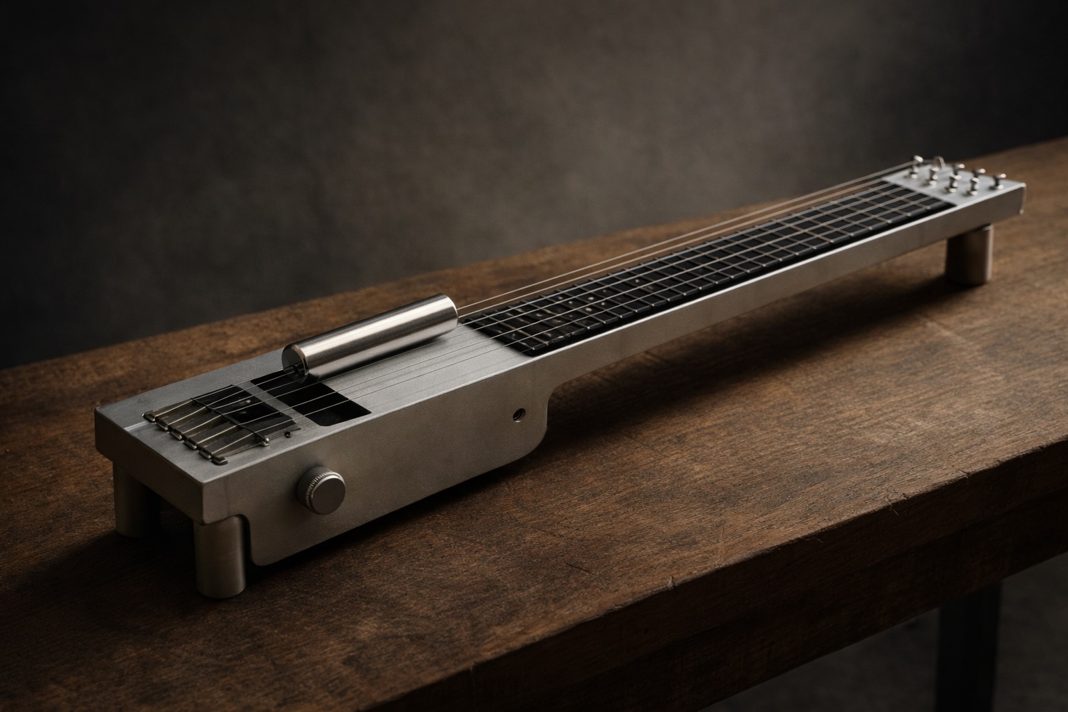 The Verso Log lap steel guitar resting horizontally, sleek modern industrial design with chrome bar slide
