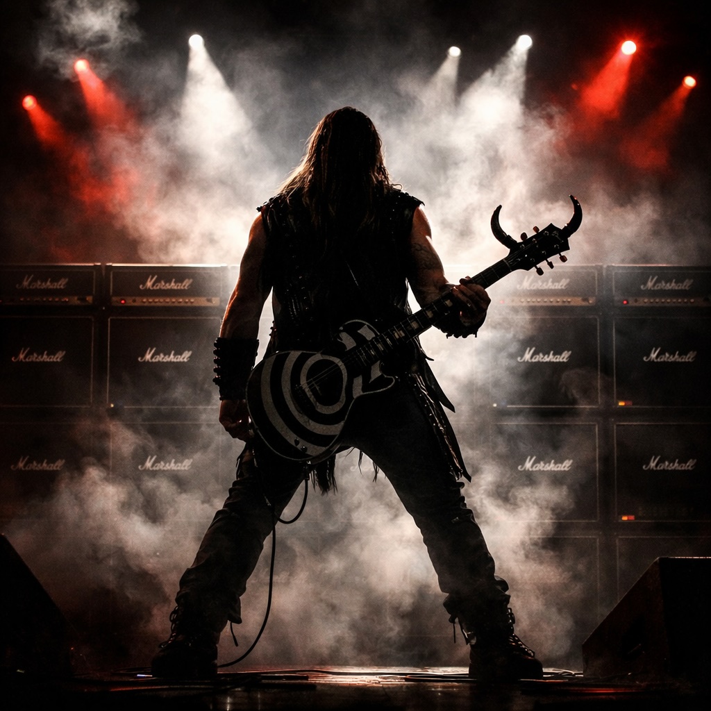 Silhouette of a guitarist against a wall of Marshall stacks with dramatic stage lighting at a tribute concert